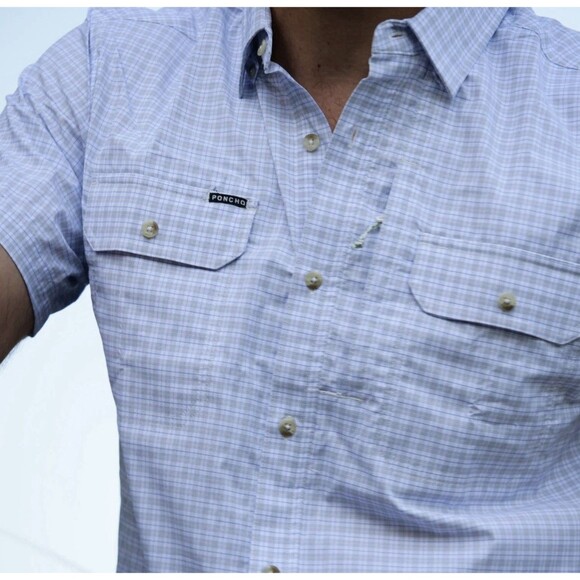 PONCHO MEN’s THE OVERCAST SHORT SLEEVE SHIRT Gary Blue Plaid XXL Fishing Outdoor - Picture 2 of 15